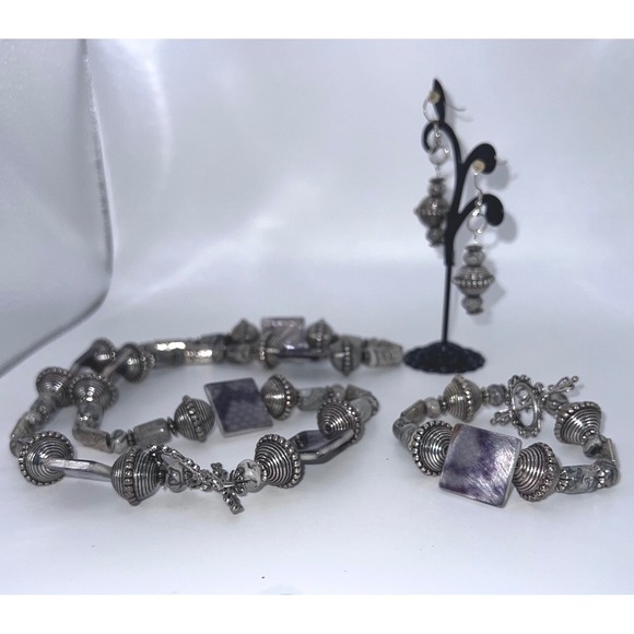 Silver-Tone Gray Stone Beaded Jewelry Set: Necklace, Bracelet & Earring - Picture 2 of 8